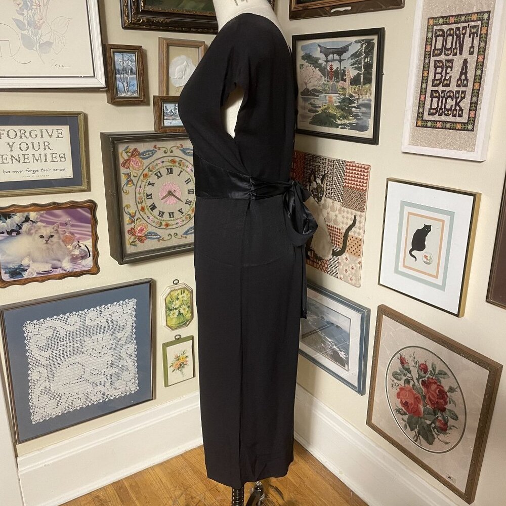 80s Vintage Ms Choice Black Cap Sleeve Scoop Neck Maxi Dress with Satin Waist 10 - Picture 3 of 6